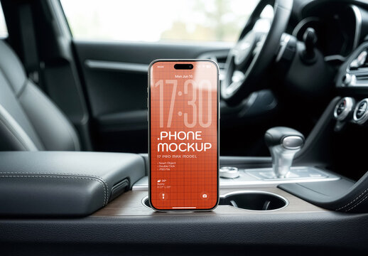 Phone Mockup Inside Vehicle Interior, Editable Mobile Screen Template