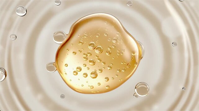A professional 3D motion graphic animation featuring golden cosmetic serum drops with micro air bubbles resting on a rippling liquid surface. The video displays smooth fluid dynamics, clean textures.