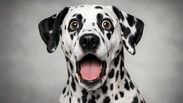A cheerful Dalmatian dog looking at the camera with a big smile.