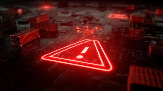 Red warning symbol appears over drone logistics interface during operational review