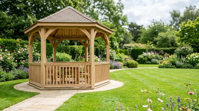 Elegant wooden gazebo in a vibrant, manicured garden with lush greenery and flowers, perfect for outdoor relaxation and events.