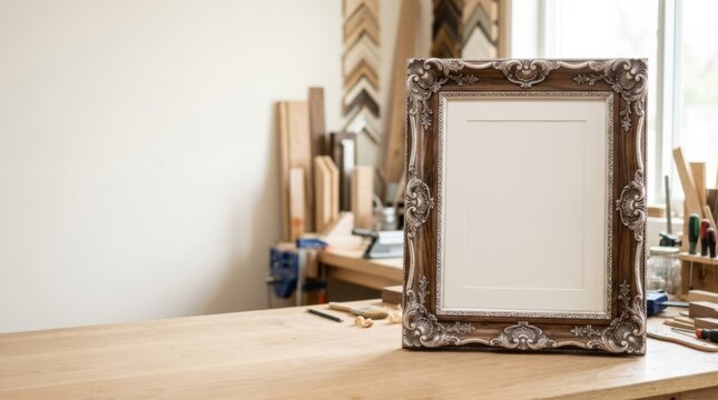 Ornate walnut picture frame with silver detailing on a wooden table in a framing workshop; perfect for custom artwork display