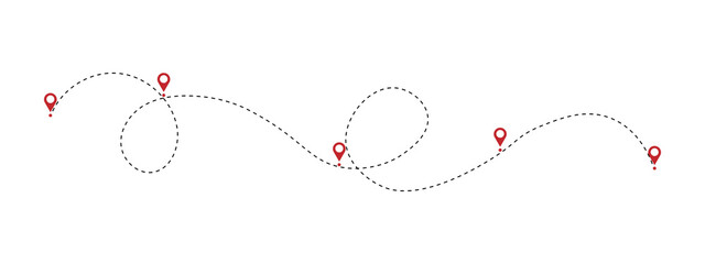 Dashed line path with red location pin markers showing a travel route or journey © Md