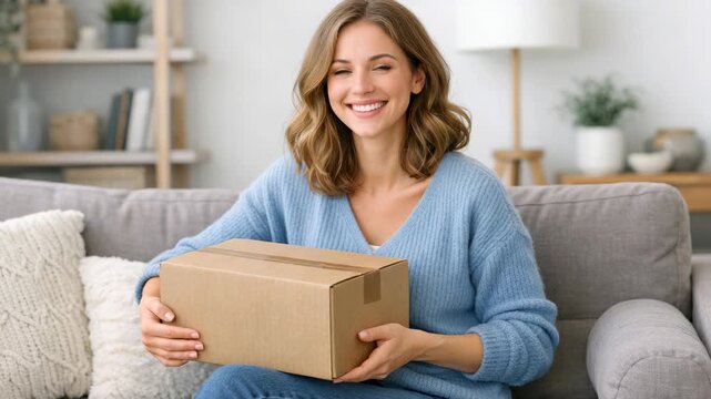 A happy young female with shoulder length hair, wearing a cozy sweater and holding a cardboard parcel. She is indoors, possibly in her living room, smiling at the camera.