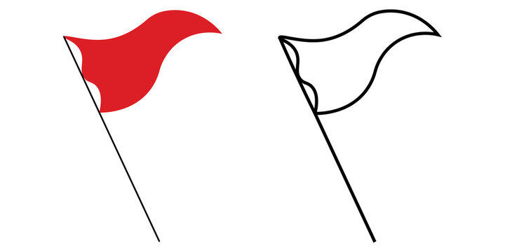 Red waving flag icon and black outline sketch set for design