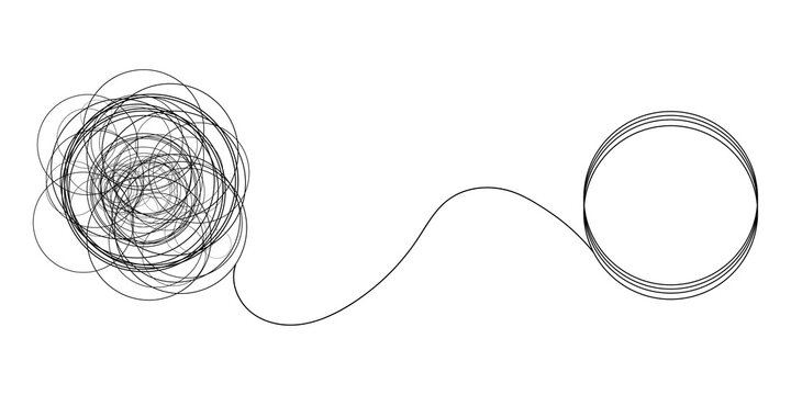 Black messy scribble line transforming into a neat circular shape