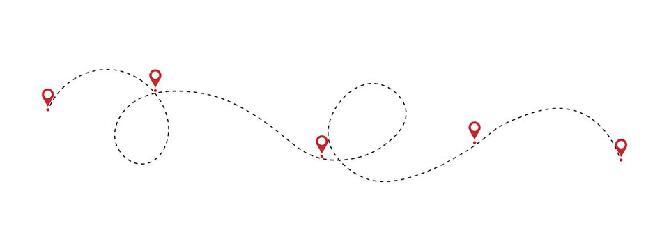 Dashed line path with red location pin markers showing a travel route or journey