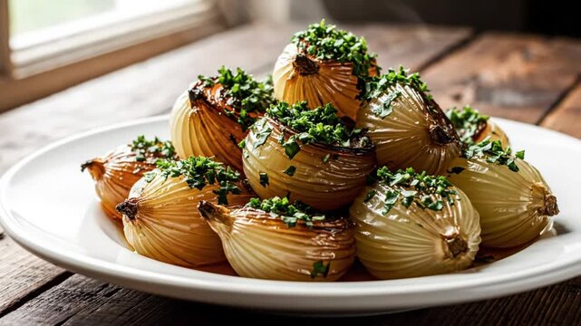 Savory roasted caramelized onions served on a white plate with fresh parsley garnish, ready to eat