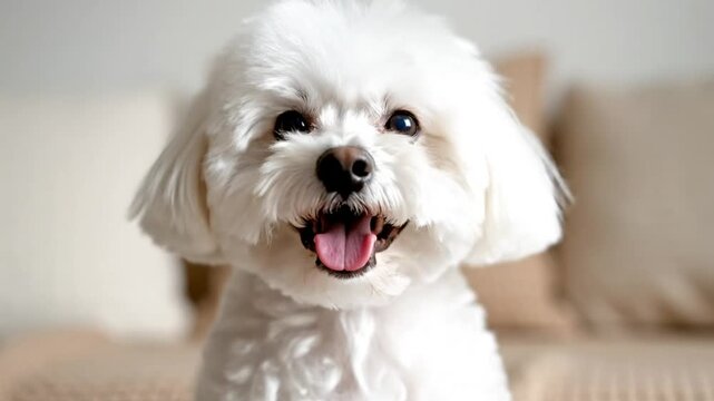Happy white dog with fluffy fur sitting on a couch smiling at the camera, close-up shot