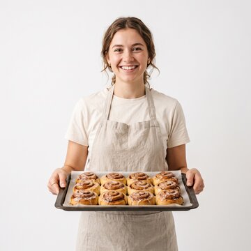 Smiling Young Woman Wearing Apron Holding Freshly Baked Cinnamon Rolls on Baking Sheet