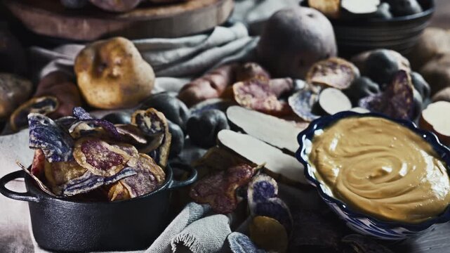 Assorted native Peruvian potatoes and purple chip with Huancaina sauce s in a rustic setting.