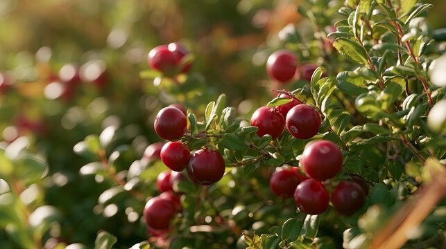 Ripe red cranberries growing on bush in warm sunlight  