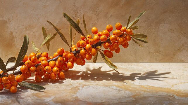 Sea buckthorn branch with vibrant orange berries on a textured surface  