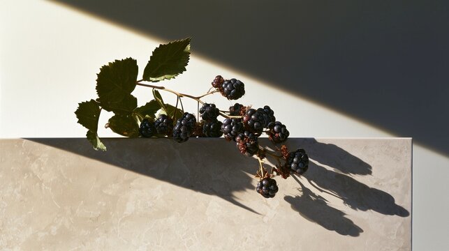 Fresh blackberries with leaves on a warm stone surface  