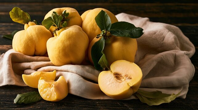 Fresh quinces arranged on a cloth with green leaves and slices  