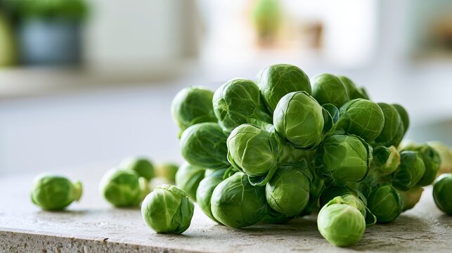 Fresh brussels sprouts clustered on a countertop in a kitchen  