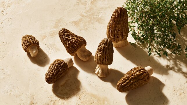 Morel mushrooms on textured surface with thyme herb in daylight  