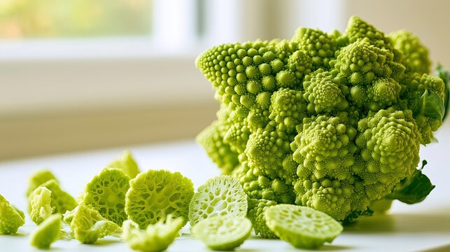 Fresh romanesco broccoli with cut pieces on white table background  