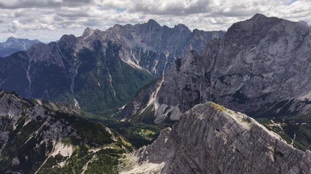 Drone shot of Julian Alps mountain range near Kranjska Gora, Slovenia