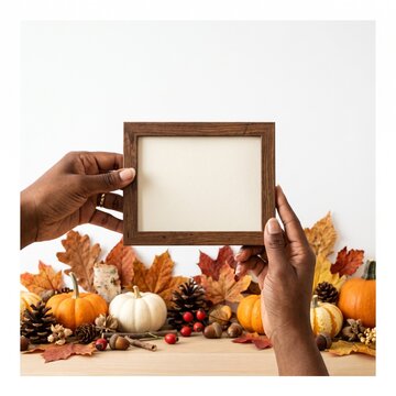 Hands Hold Empty Wooden Frame Amidst Autumn Harvest Decorations Including Pumpkins Leaves and Pinecones