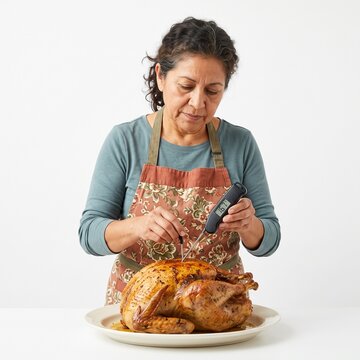 Hispanic Woman Checks Roasted Turkey Temperature with Digital Thermometer for Thanksgiving Dinner Preparation