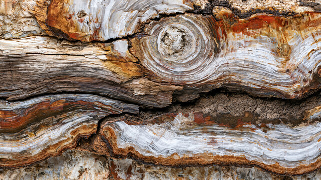 Detailed macro texture of colorful petrified wood with fossilized tree rings and cracks