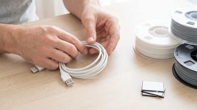 Hands coiling a white USB cable near spools of 3D printer filament and SD cards
