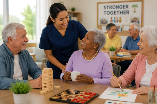 Friendly caregiver assisting happy senior residents during social games and activities in a modern home care facility