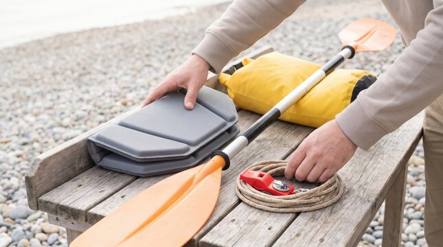 Hands organizing a grey foldable seat cushion and a paddle on a wooden bench