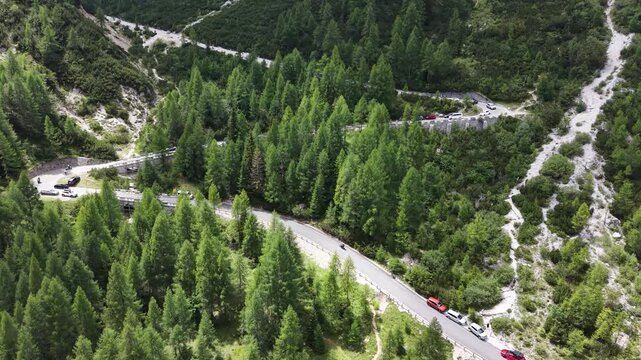 Flight over serpentine Vrsic pass road in Julian Alps, Slovenia