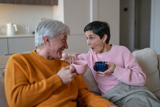 Senior couple at home on sofa, positive elderly husband tells stories to amused and surprised wife, bond and communication in family relationships, happy marriage in retirement, spouses talk on couch.