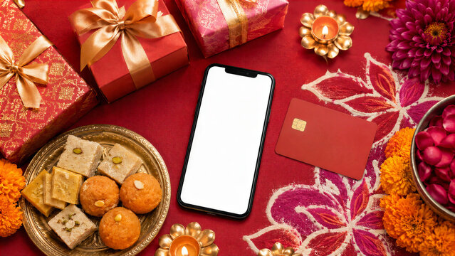 Top View Diwali Shopping Smartphone Mockup with Sweets, Gifts and Rangoli