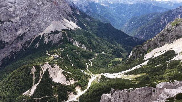 Drone flight over Vrsic pass in Triglav National Park, Slovenia