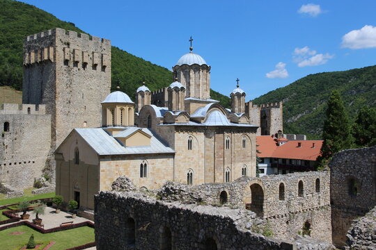 The Church of the Holy Trinity and the Despot's Tower of the fortified Manasija Monastery in Serbia