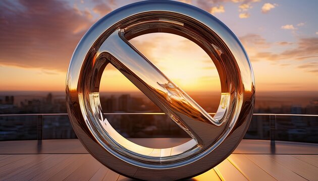 a professional 3d render of a no smoking sign made of polished chrome and glass reflecting a beautiful sunrise