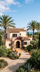 Fototapeta premium Mediterranean villa with palm trees. Luxury stone house in a sunny tropical garden.