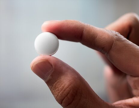 close up of hand holding a small white pill against neutral background