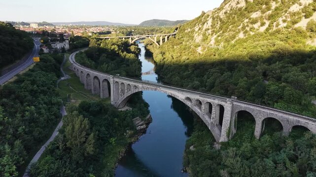 Flight over Solkan bridge (Solkanski Most) over Soca river, Slovenia