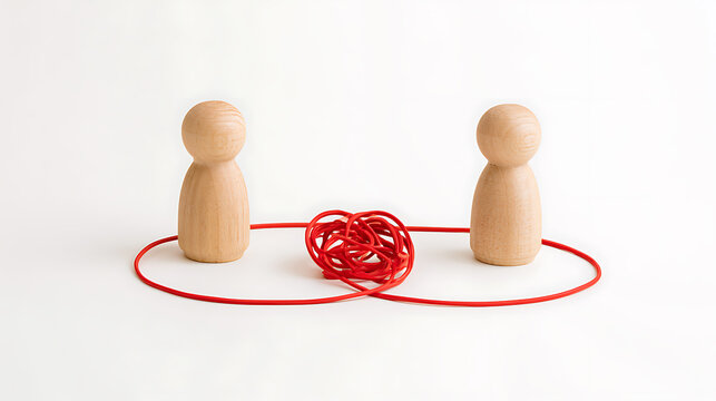Two wooden peg figures connected by a tangled red string, symbolizing complex relationships, communication challenges, or problem-solving