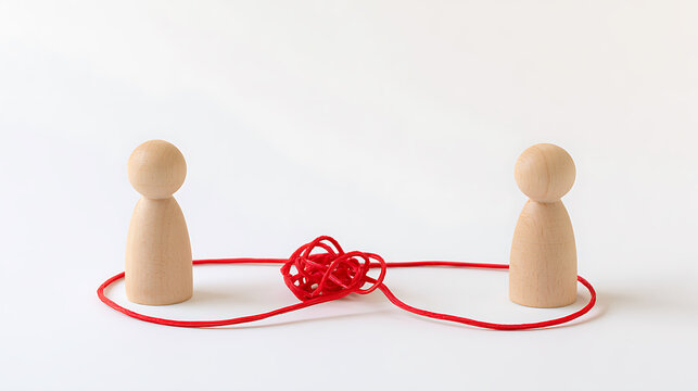 Two wooden peg dolls connected by a tangled red string, symbolizing complex relationships, communication challenges, and interpersonal bonds