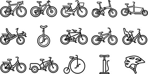 Set of Various Types of Bicycles and Cycling Accessories Line Icons. © siska