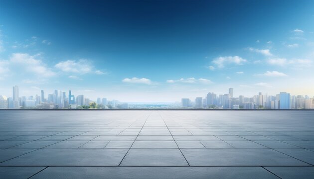 concrete floor or slab empty space or area in showroom shop or store background design with blue sky and urban city for product display and concept of car sale auto automobile automotive