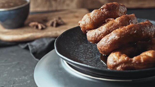Traditional Peruvian picarones with sweet chancaca syrup drizzle.