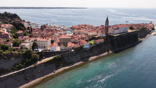 Flight over Old Town (Stari Grad) and St George Cathedral, Piran, Slovenia