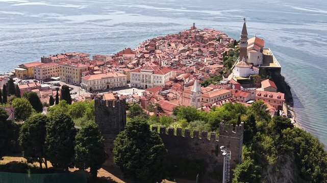 Drone shot of Old Town and ancient city walls in Piran, Slovenia