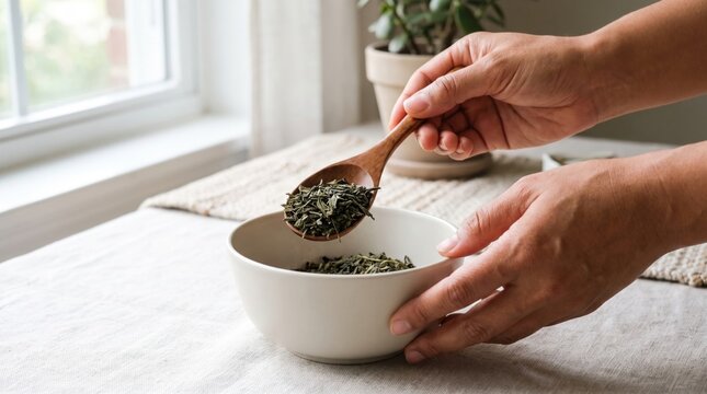 Hands using a wooden spoon to scoop green tea leaves from a white ceramic bowl