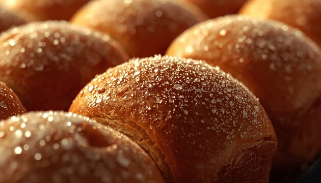 Golden brioche bread rolls with sugar crystals in warm light, extreme close up