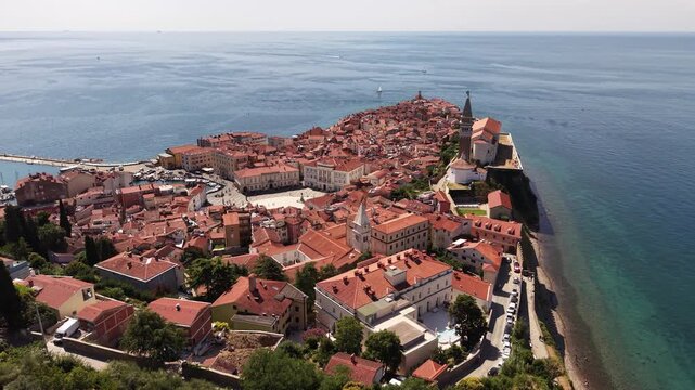 Flight over coastal town of Piran on Adriatic Sea, Slovenia