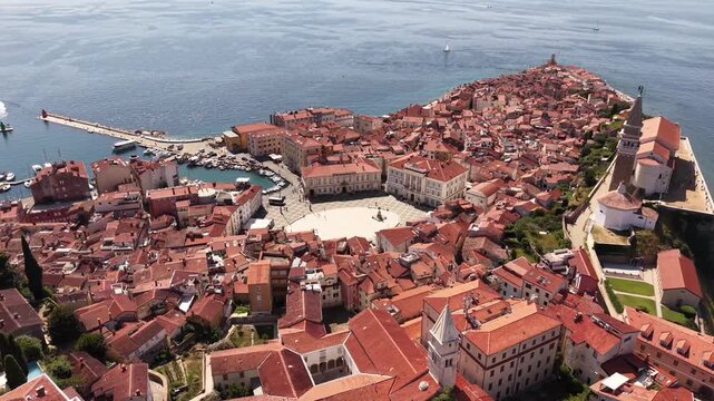 Drone view of coastal Old Town peninsula in Piran, Slovenia