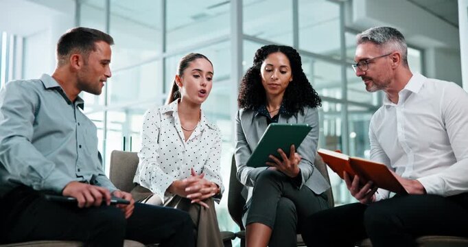 Lobby, discussion and business people with tech for teamwork, project collaboration and review. Conversation, office and manager with employee on tablet for b2b deal, online proposal and feedback
